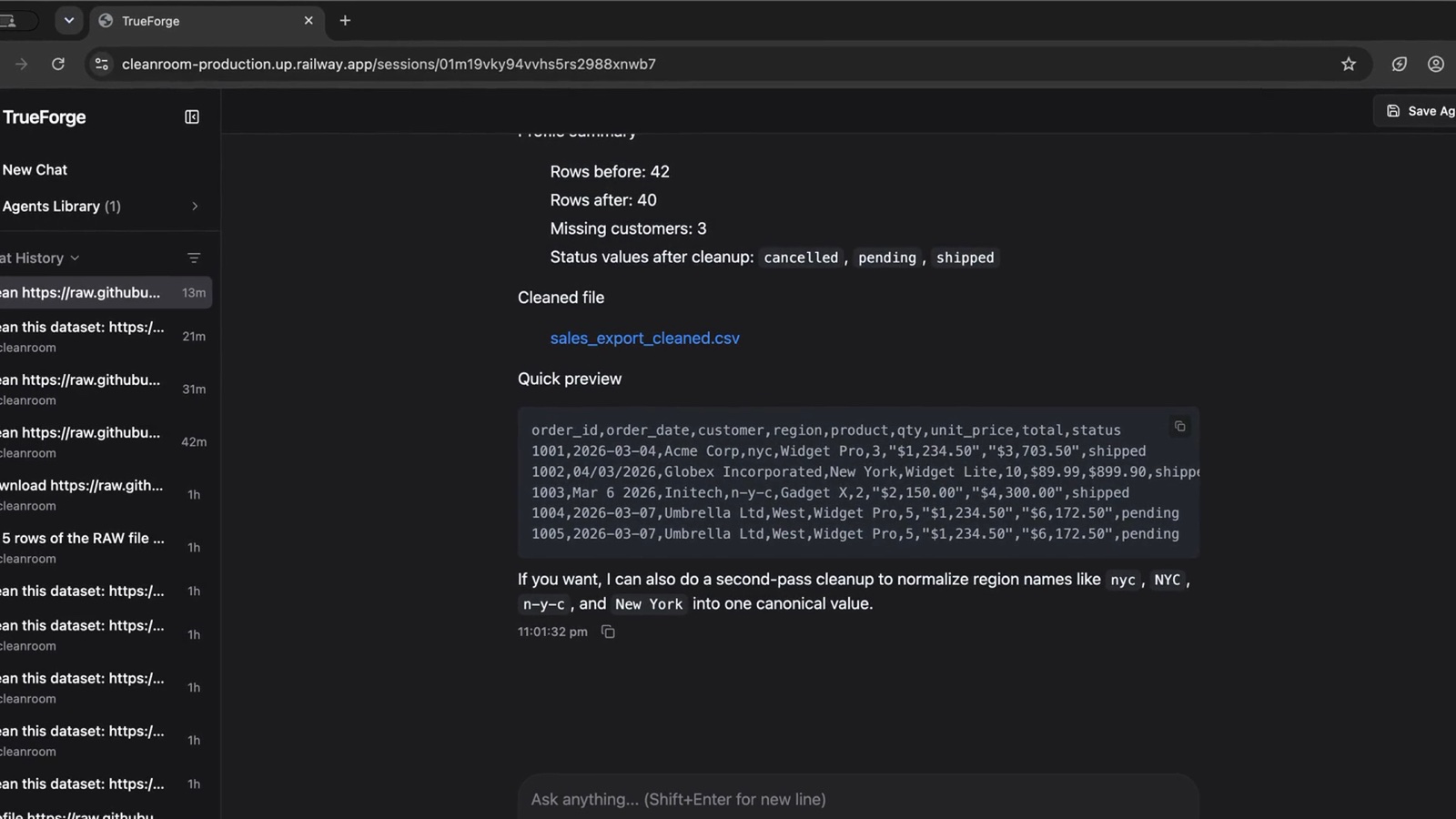The final output: 'Rows before: 42, Rows after: 40, Missing customers: 3', a link to sales_export_cleaned.csv, and a quick preview of the cleaned CSV rows.