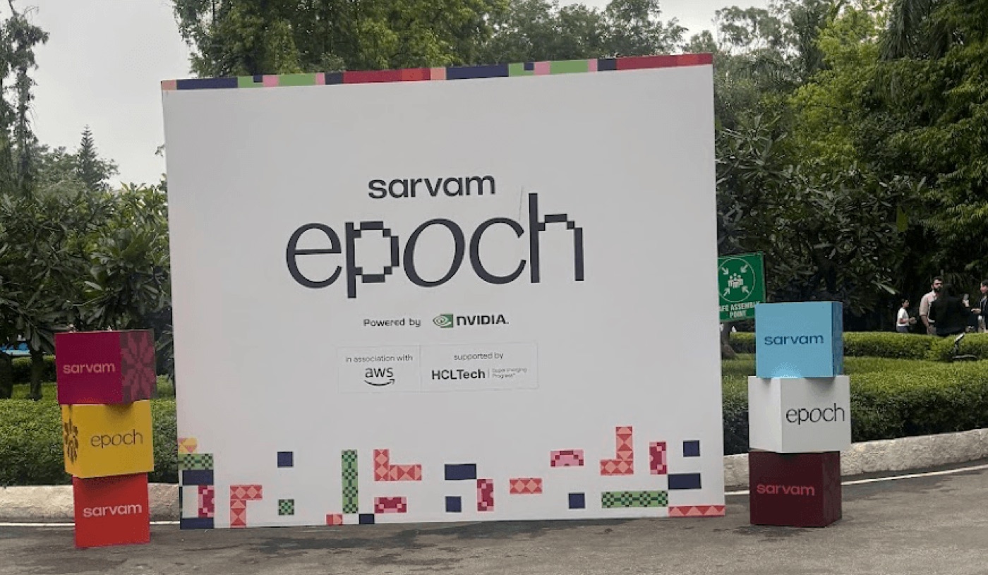 The Sarvam Epoch 2026 entrance backdrop in Bengaluru