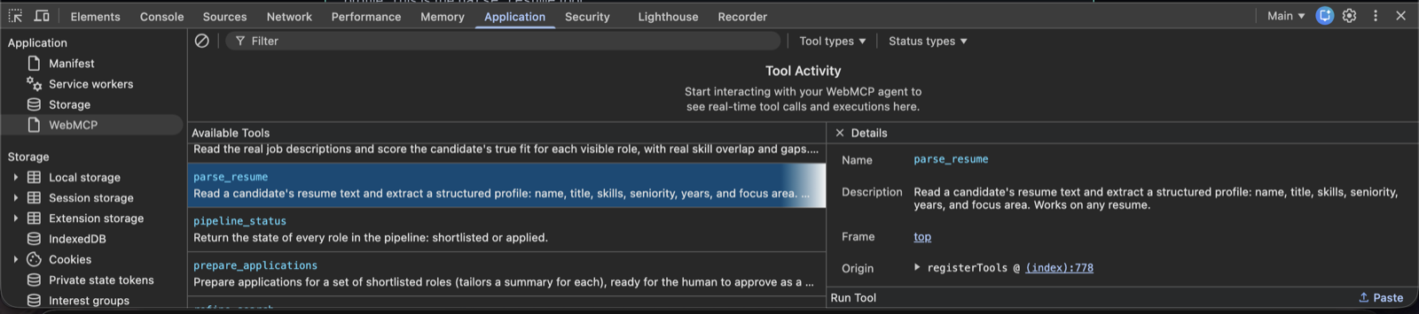 The same panel with parse_resume selected, showing a Details pane with its Name, Description, Frame (top), and Origin pointing at registerTools in the page source.
