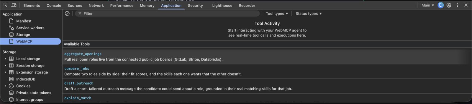 Chrome DevTools WebMCP panel showing Career Copilot